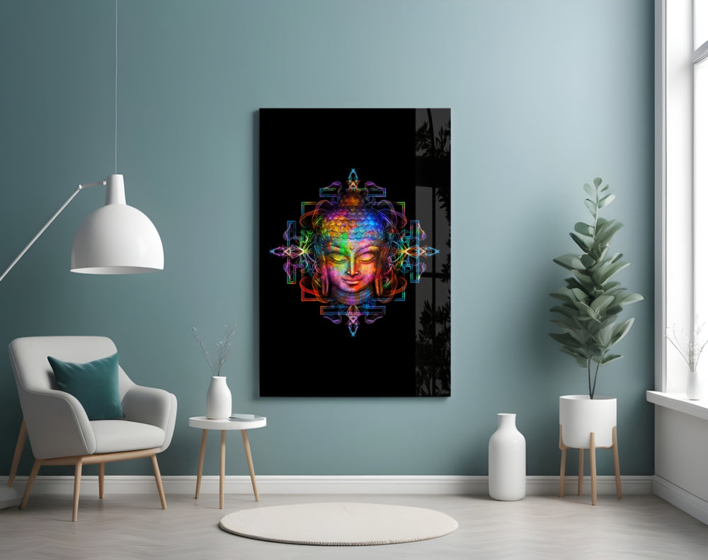 Neon Buddha panel adding serene mood to a master bedroom