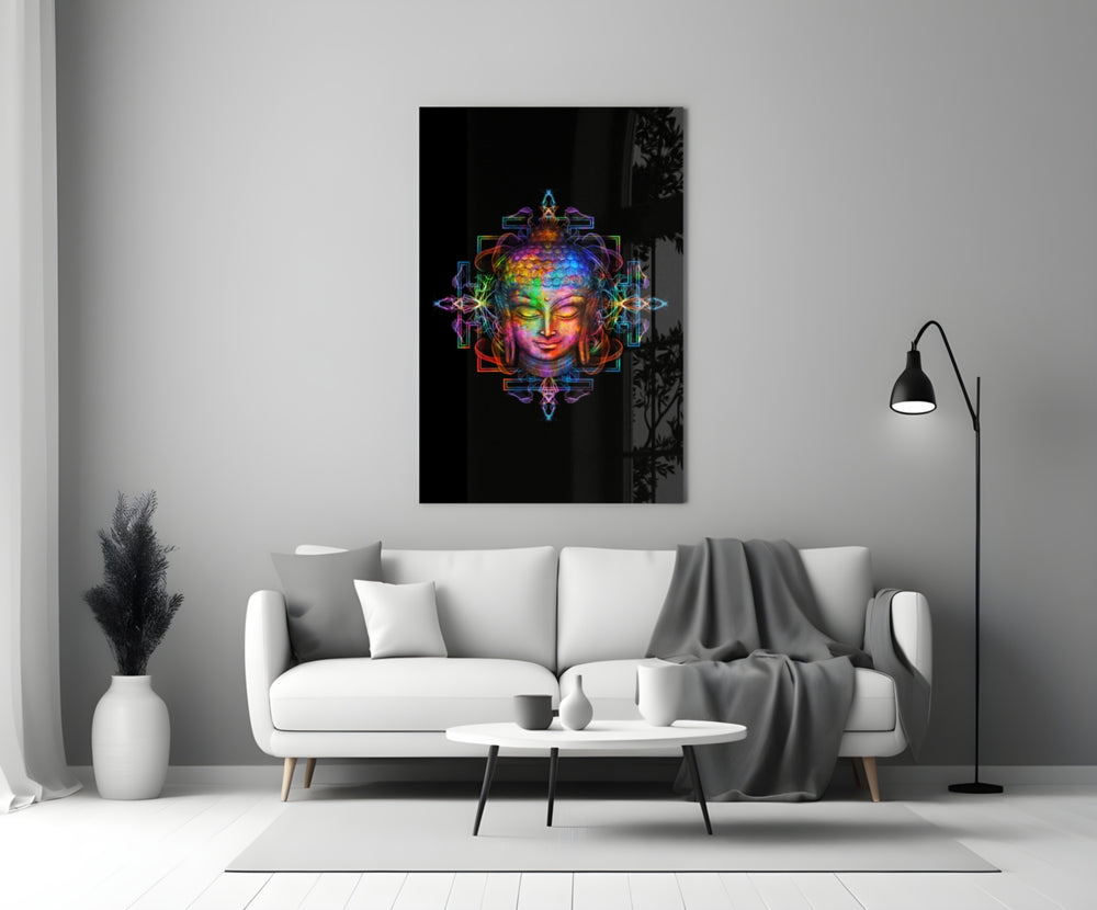 Neon Buddha glass wall art styled above a bench in a meditation room