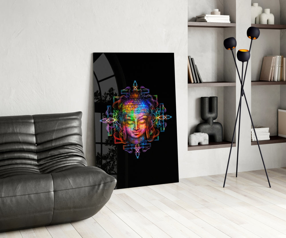 Neon Buddha glass print enhancing a study with cinematic drama
