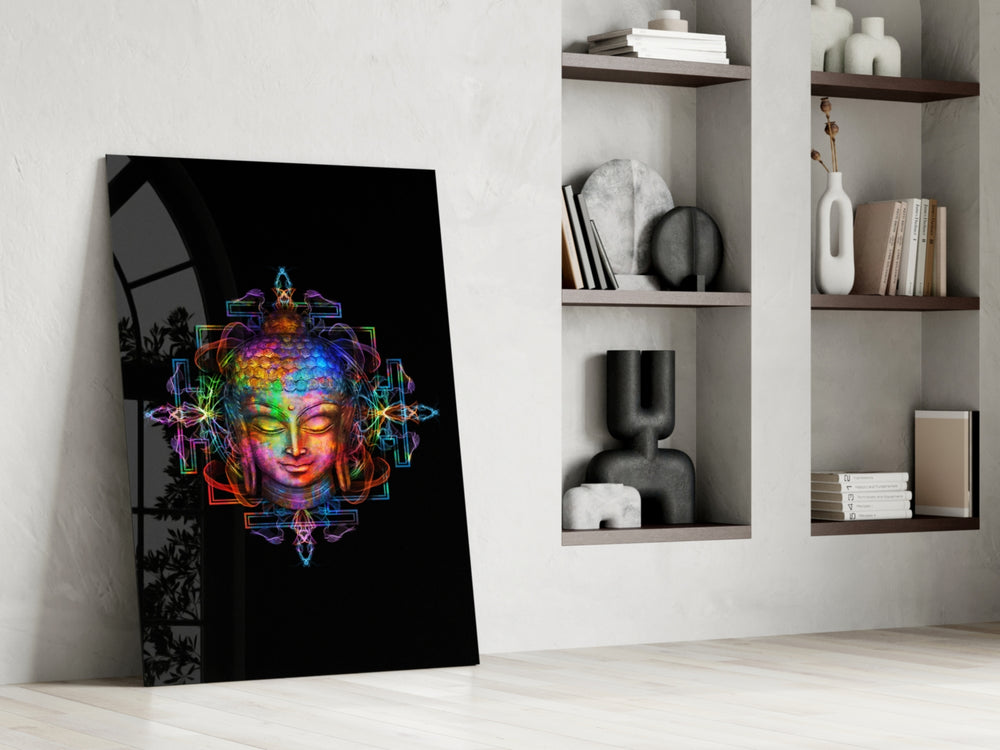 Neon Buddha artwork anchoring a wall with spiritual mystical palette