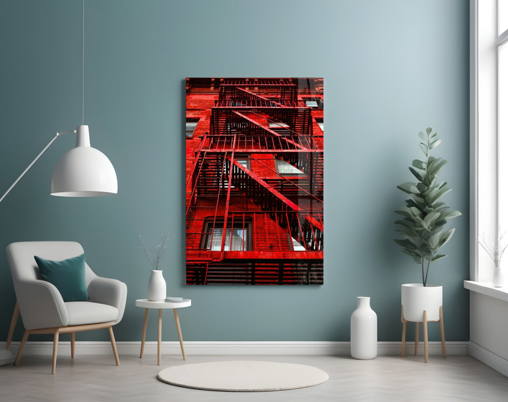 Red Stairs panel adding editorial mood to a living room