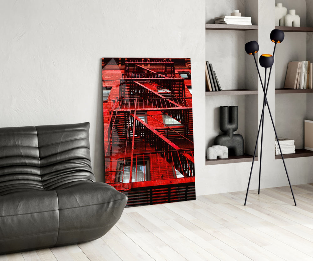 Red Stairs glass print enhancing a gaming room with cinematic drama