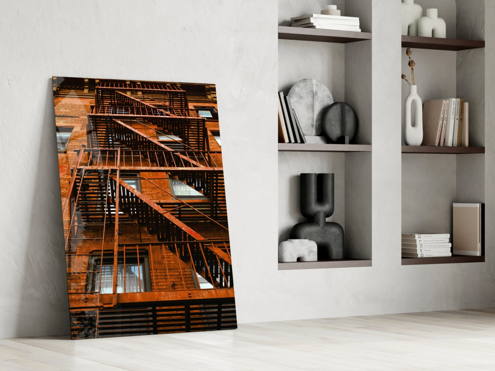 Orange Stairs artwork anchoring a wall with warm urban palette