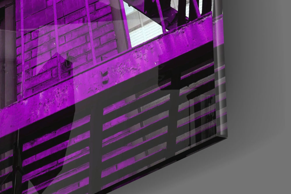 Purple Stairs panel catching window light to reveal its tactile rivet
