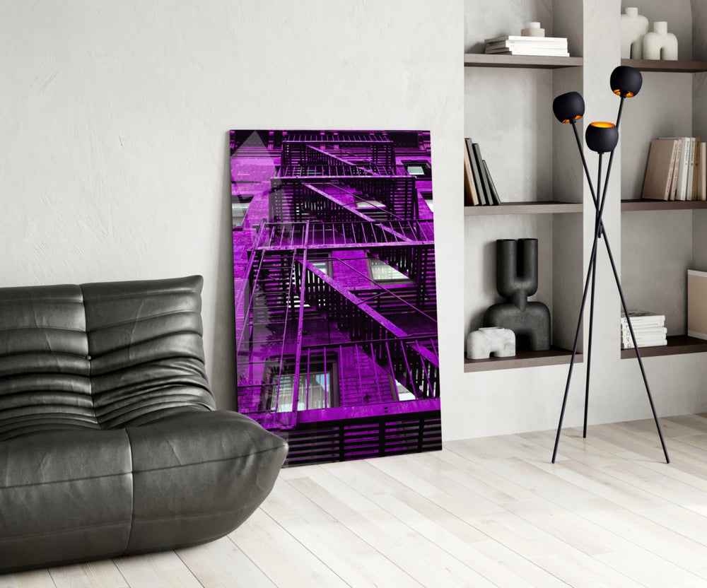 Purple Stairs glass print enhancing a creative office with cinematic drama