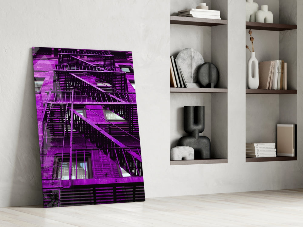 Purple Stairs artwork anchoring a wall with moody urban palette