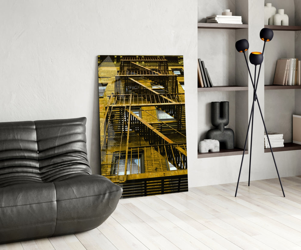 Yellow Stairs glass print enhancing a man's office with cinematic drama