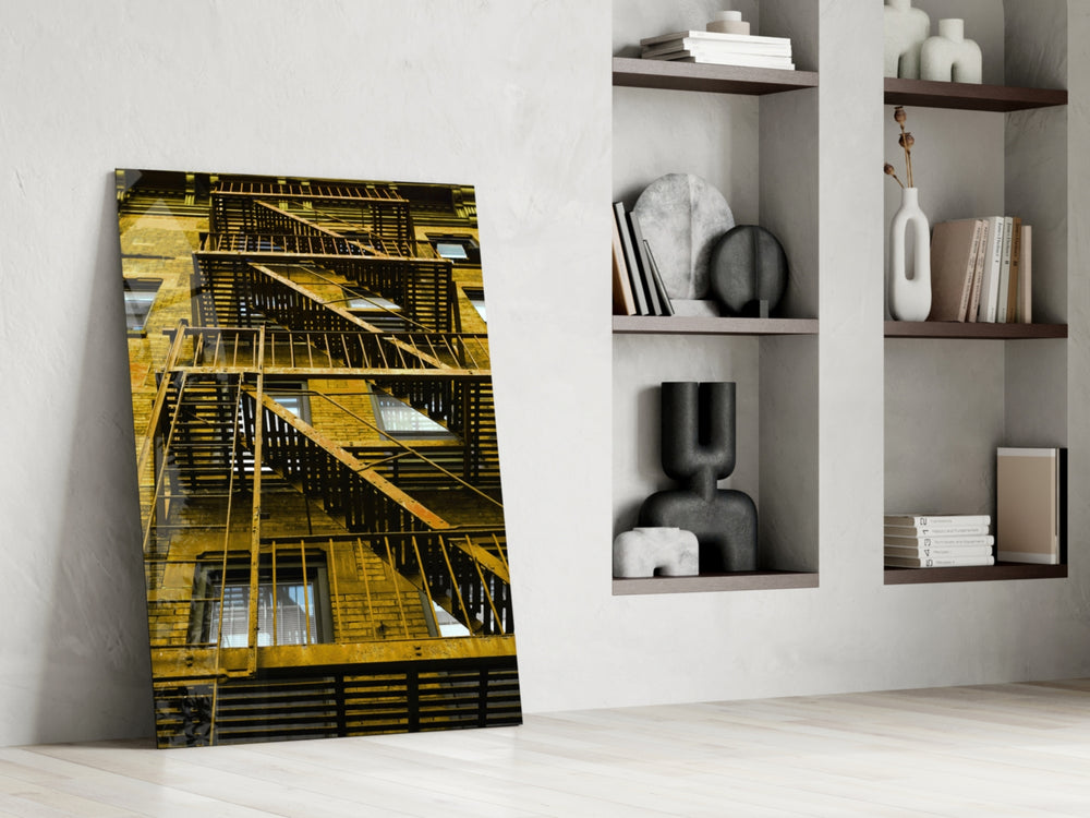 Yellow Stairs artwork anchoring a wall with warm urban palette