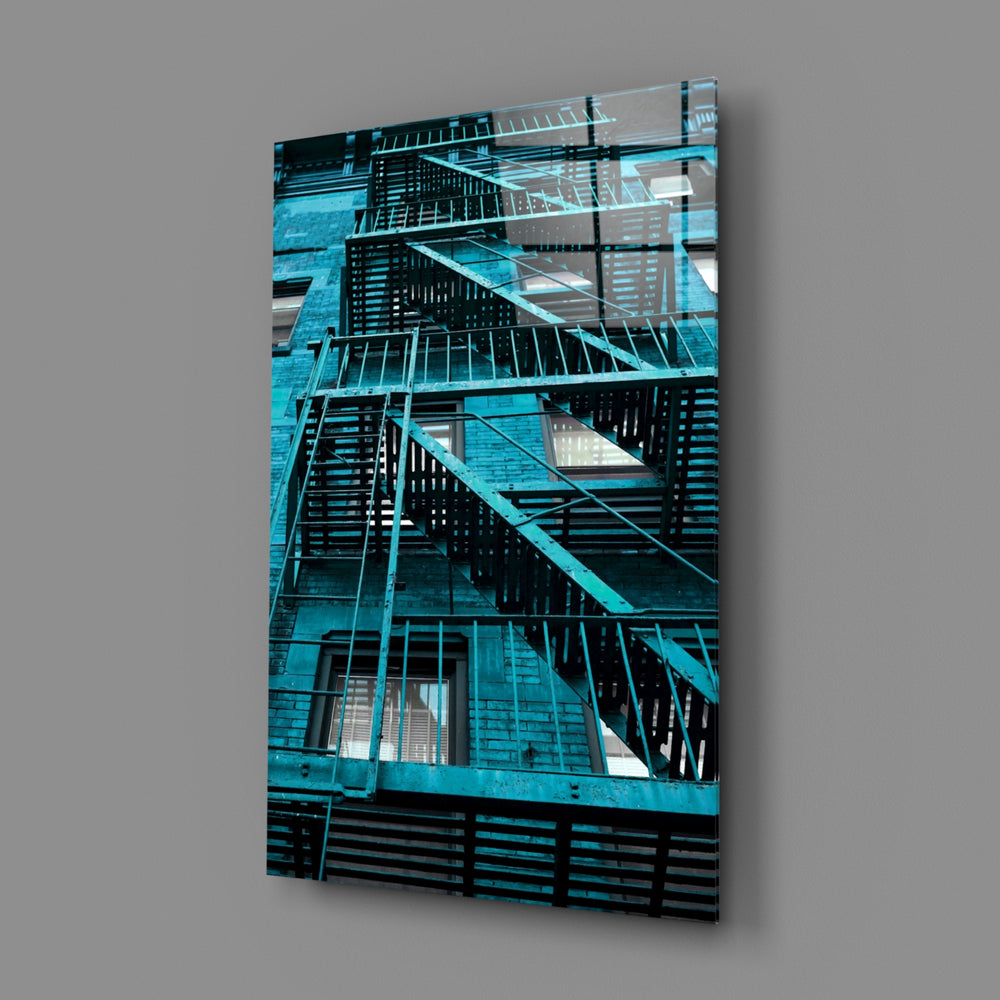 Blue Stairs close-up showing turquoise iron railings against concrete facade