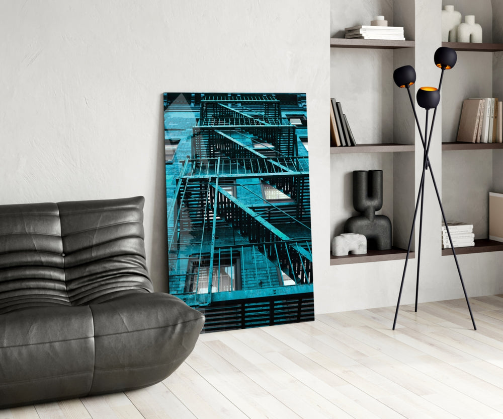 Blue Stairs glass print enhancing a gaming room with cinematic drama