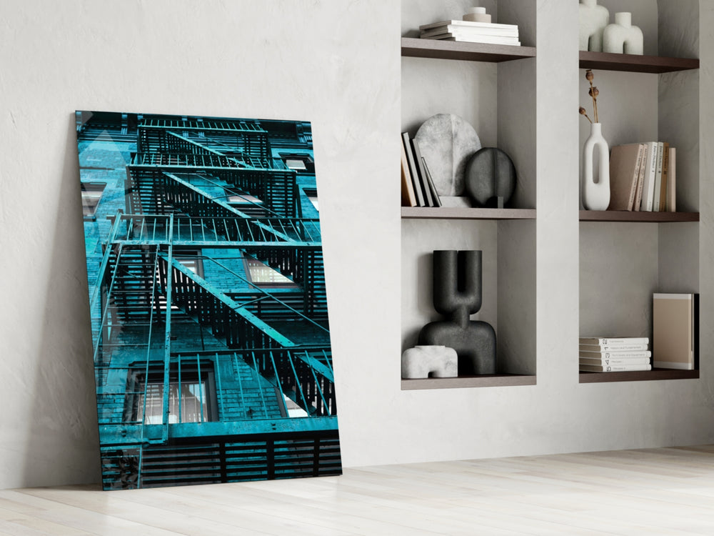 Blue Stairs artwork anchoring a wall with cool urban palette
