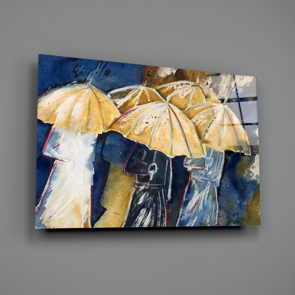 Yellow Umbrellas close-up showing painterly umbrella canopies against navy rain