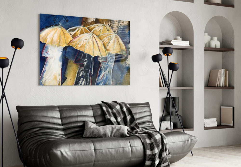 Yellow Umbrellas panel adding editorial mood to a dining room