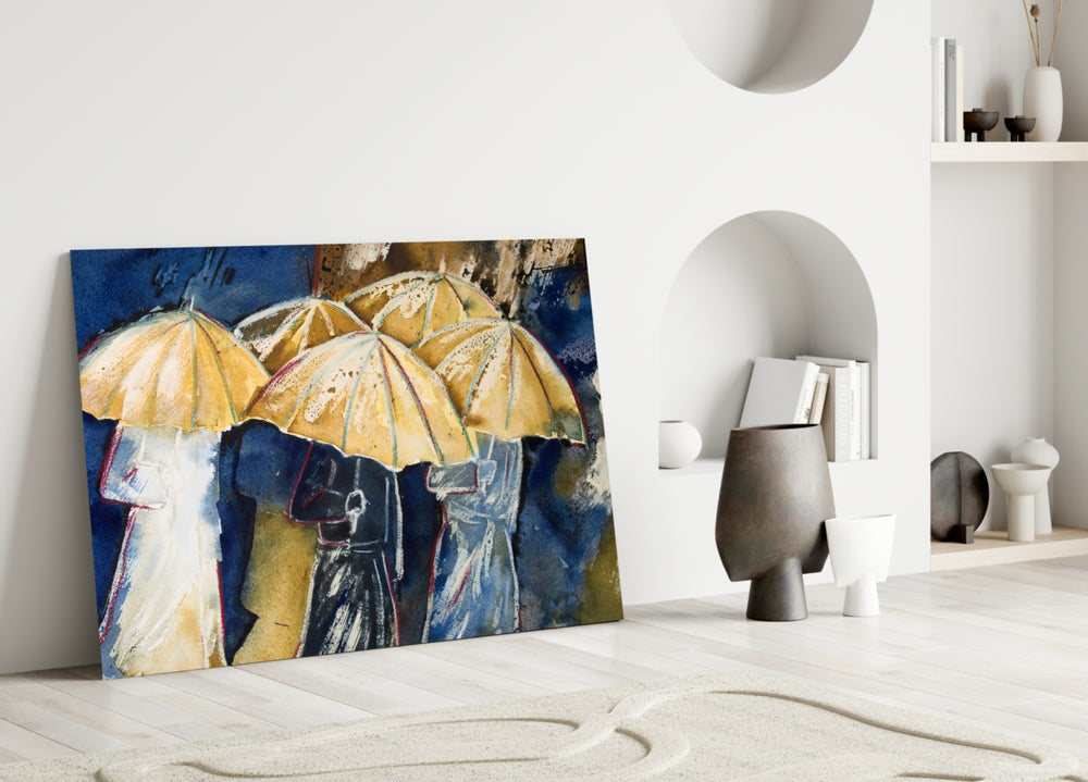Yellow Umbrellas glass wall art styled above a credenza in a hallway