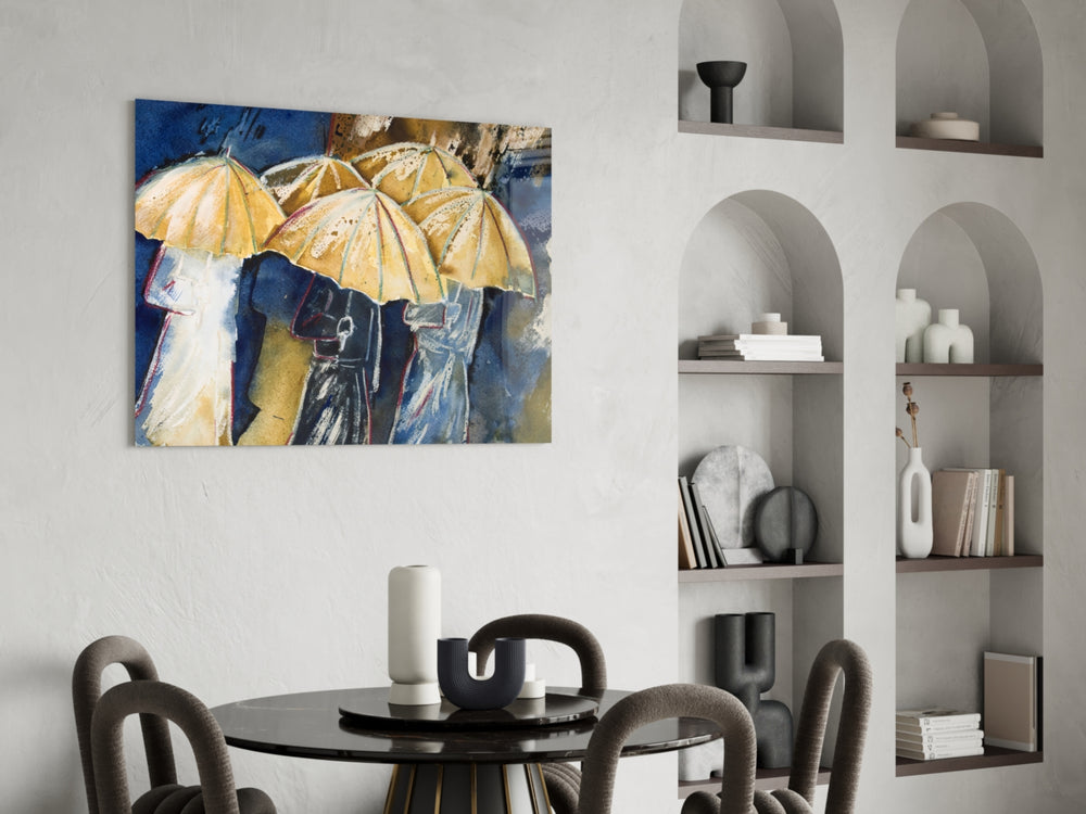 Yellow Umbrellas glass print enhancing a living room with cinematic drama