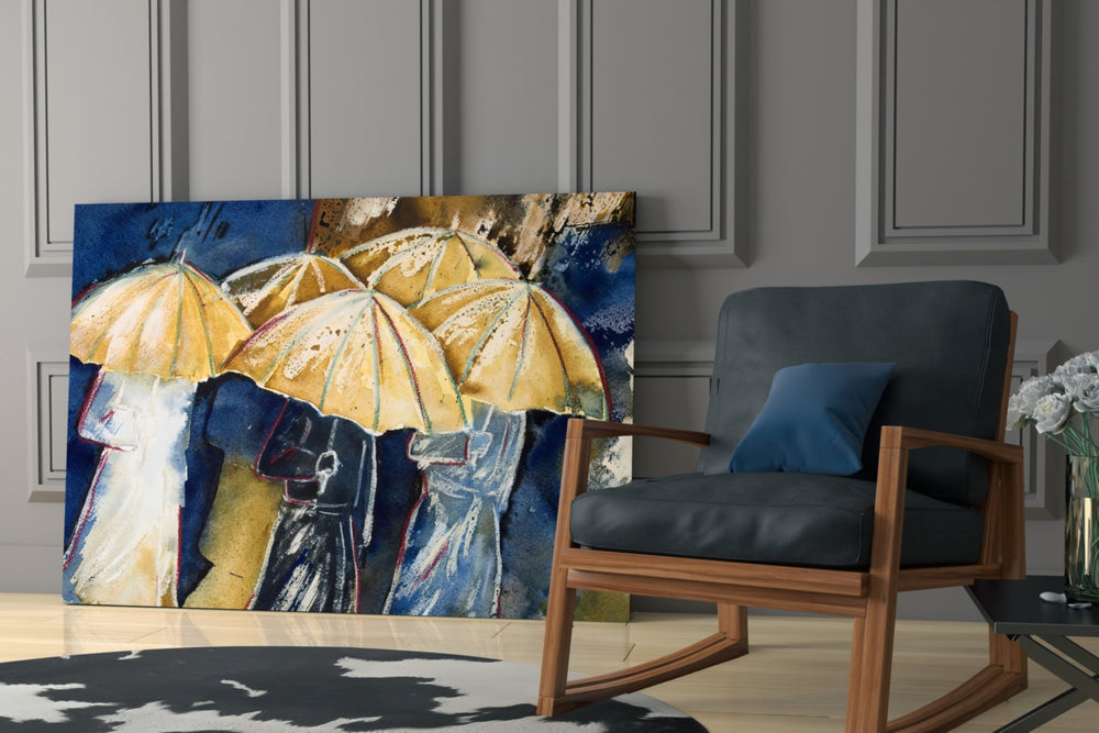 Yellow Umbrellas artwork anchoring a wall with nostalgic watercolor palette