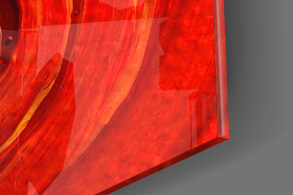 Red Vortex panel catching brass-light to reveal its tactile sculpt