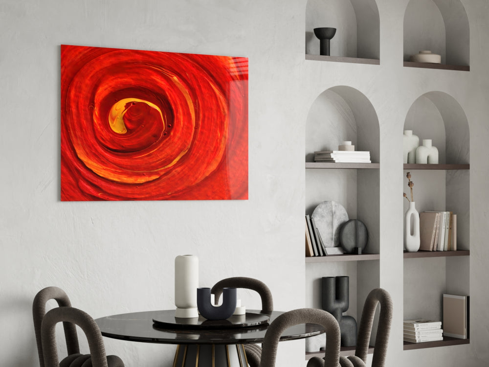 Red Vortex glass print enhancing a living room with cinematic drama