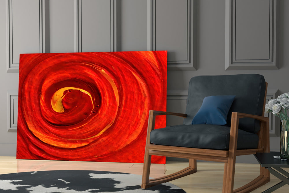 Red Vortex artwork anchoring a wall with bold fiery palette
