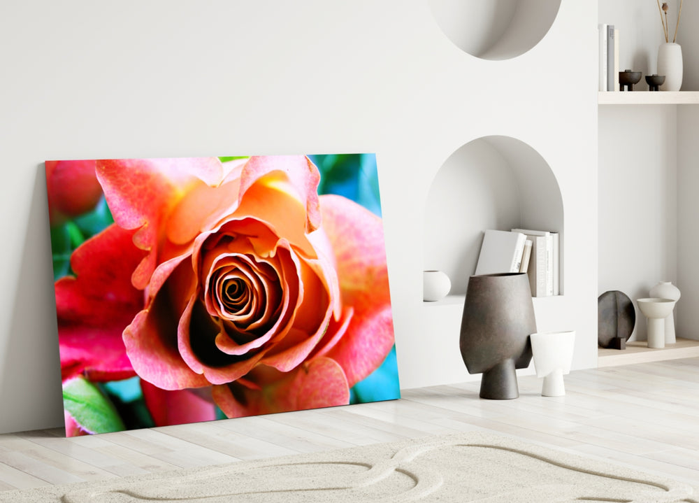 Coral Rose glass wall art styled above a bed in a master bedroom