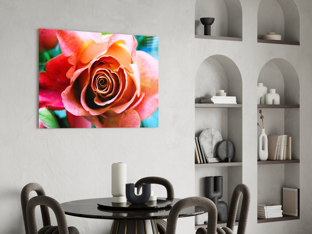 Coral Rose glass print enhancing a dining room with editorial drama