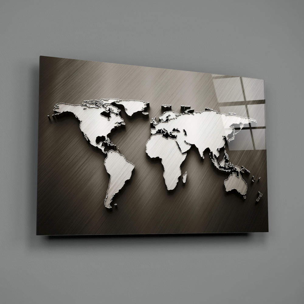 Chrome World Map close-up showing chromed continents against brushed charcoal