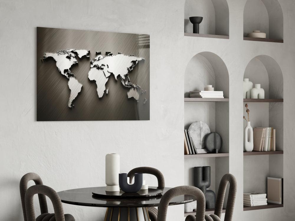 Chrome World Map glass print enhancing a hallway with cinematic drama