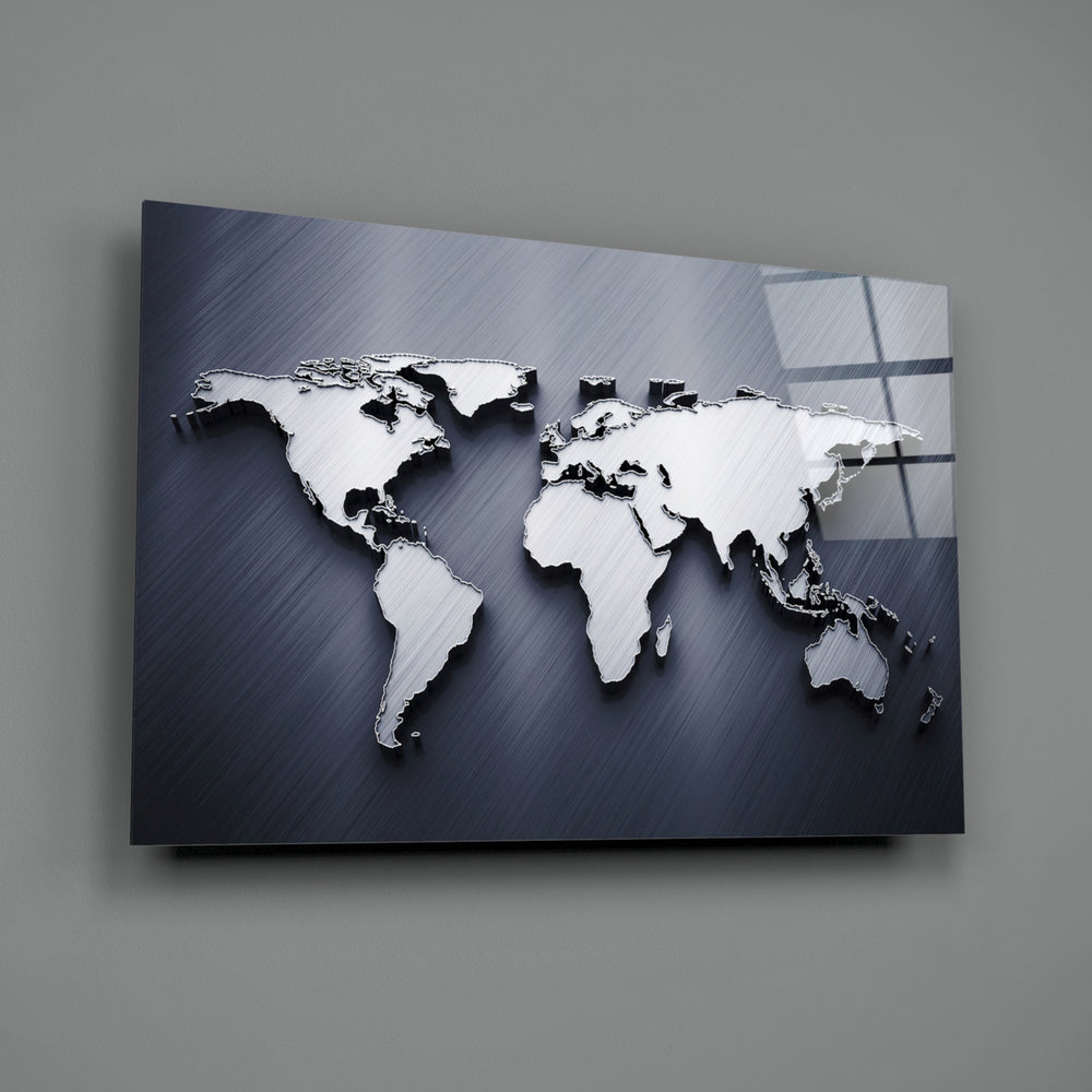 Silver World Map close-up showing silver continents against navy brushed metal