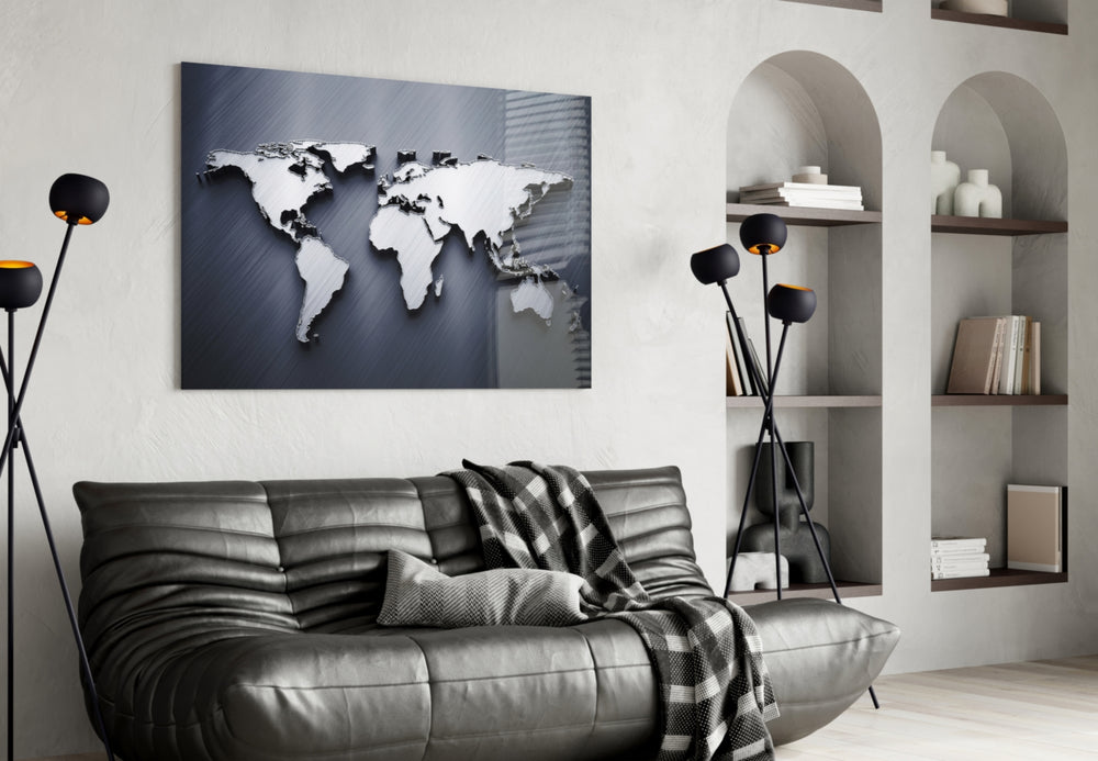 Silver World Map panel adding editorial mood to a man's office