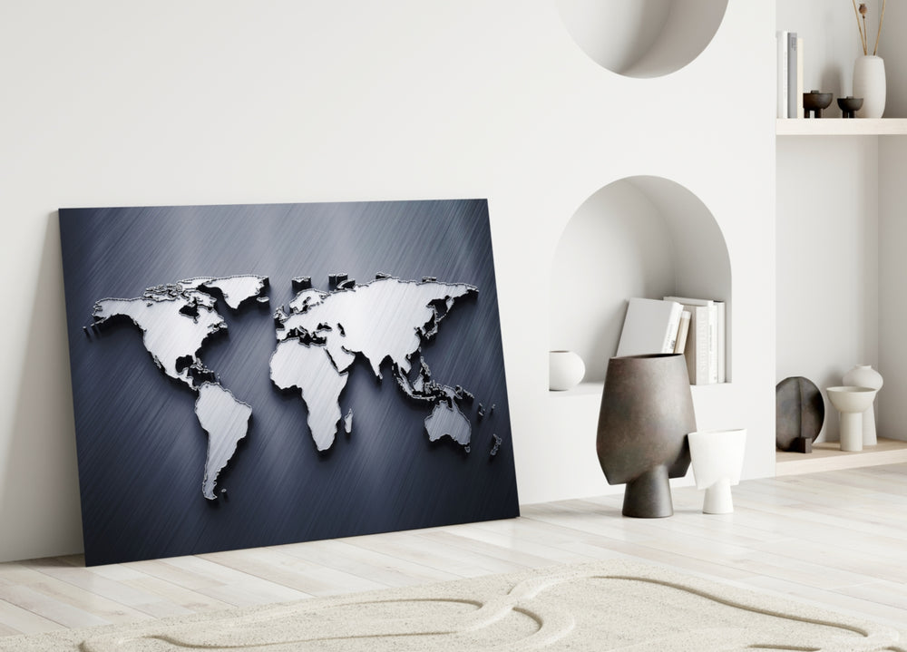 Silver World Map glass wall art styled above a credenza in a study