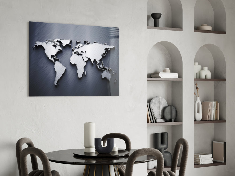 Silver World Map glass print enhancing a hallway with cinematic drama
