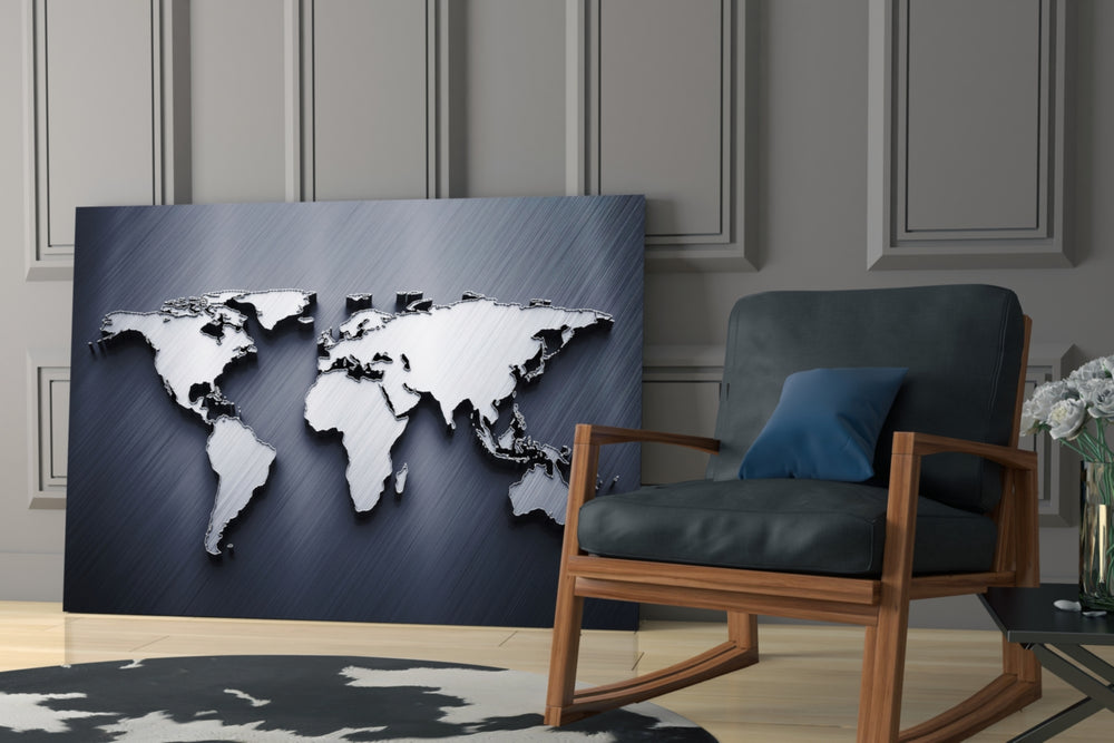 Silver World Map artwork anchoring a wall with luxe executive palette