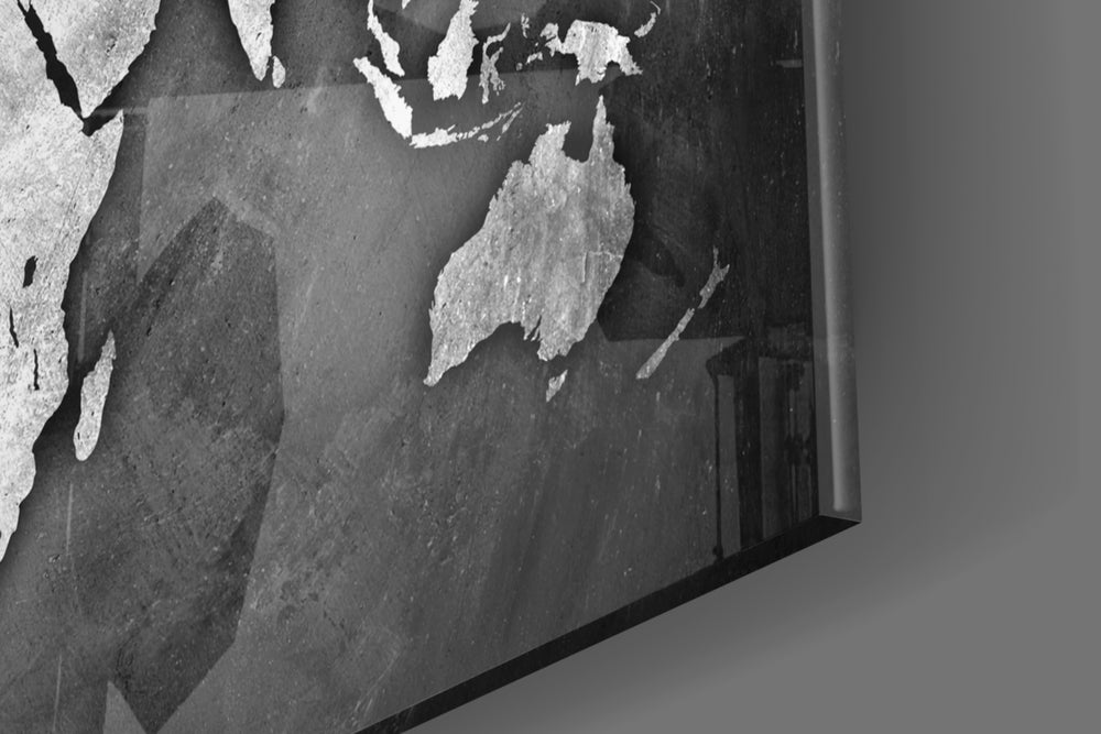 Grunge World Map panel catching window light to reveal its tactile texture