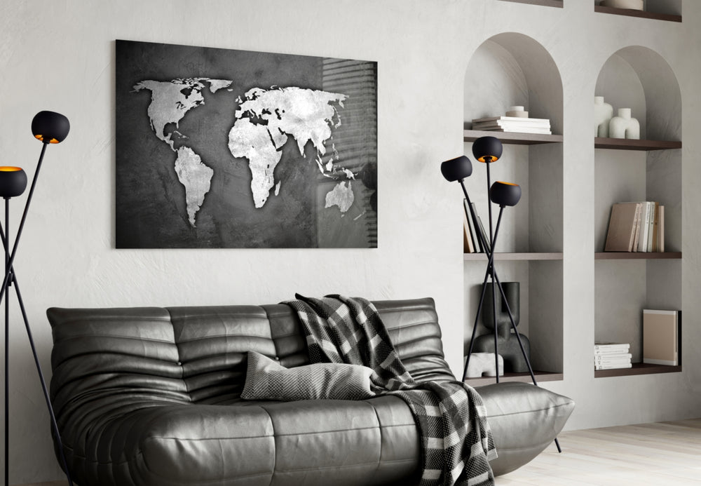 Grunge World Map panel adding editorial mood to a living room