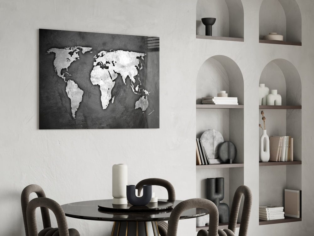 Grunge World Map glass print enhancing a gaming room with cinematic drama