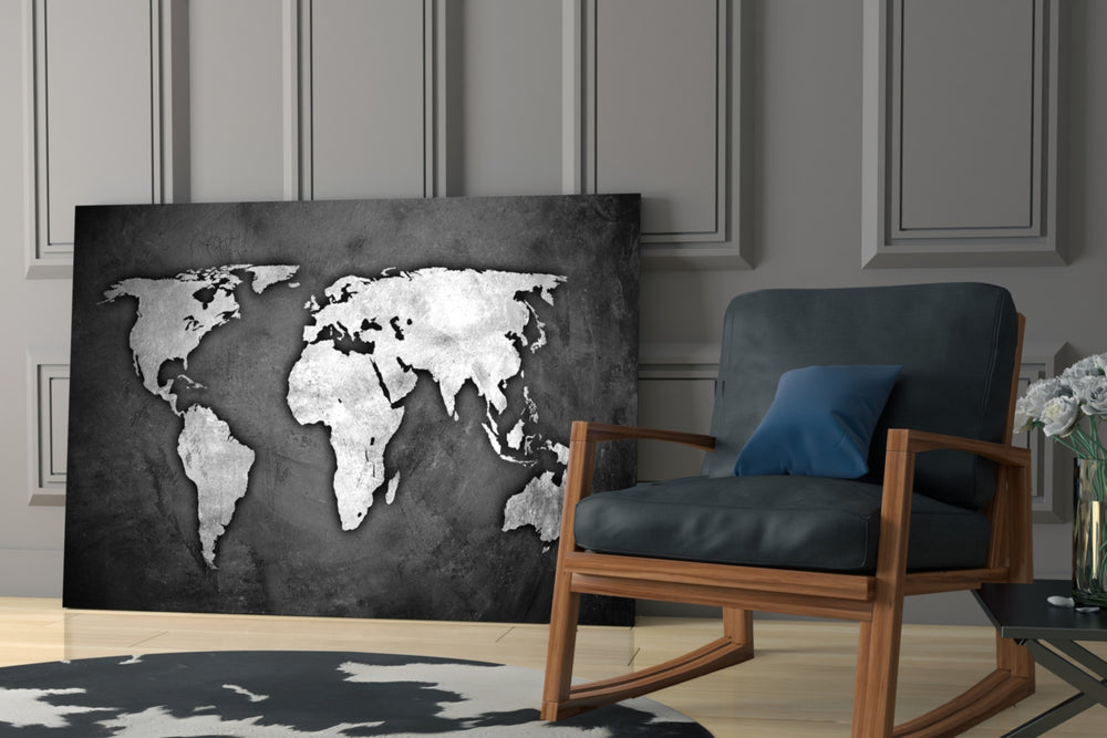 Grunge World Map artwork anchoring a wall with moody urban palette