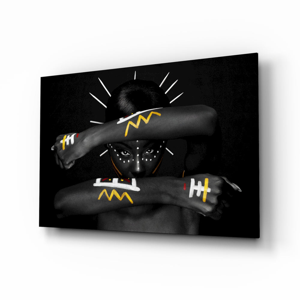 Tribal-portrait panel bringing bold drama to a contemporary lounge