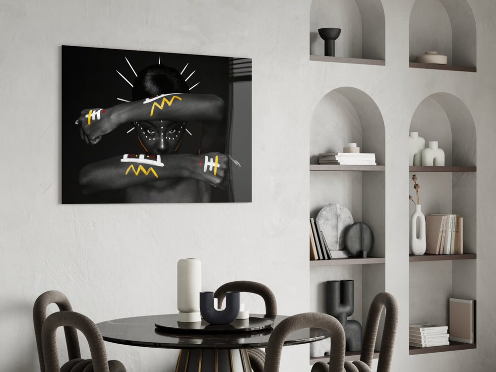 Tribal Spirit glass print enhancing a dressing area with cinematic drama