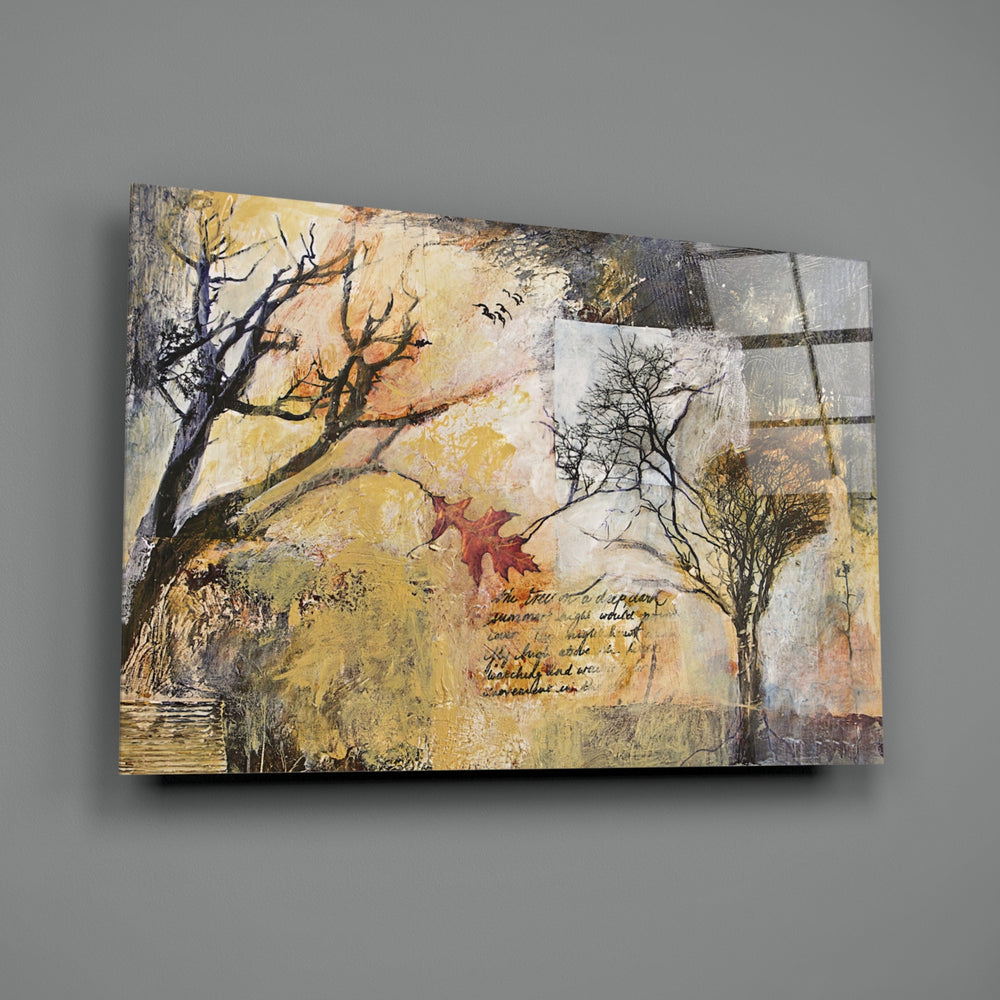 Autumn Manuscript close-up showing bare trees against golden wash and cursive script