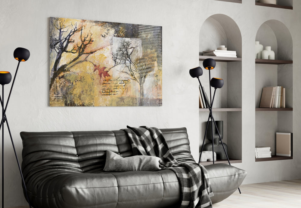 Autumn Manuscript panel adding editorial mood to a living room