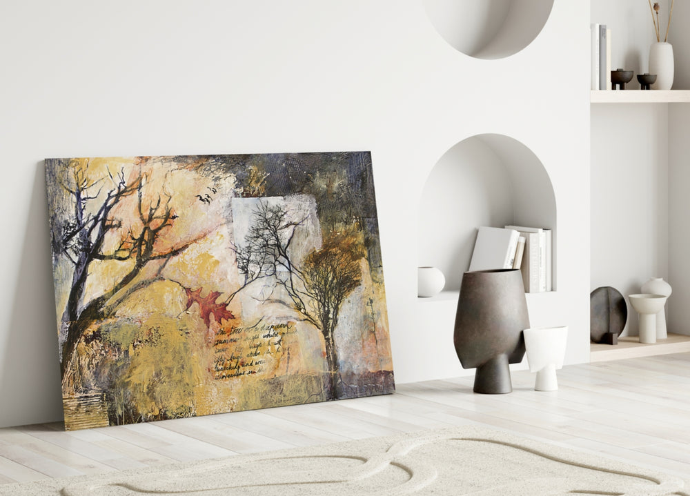 Autumn Manuscript glass wall art styled above a credenza in a hallway
