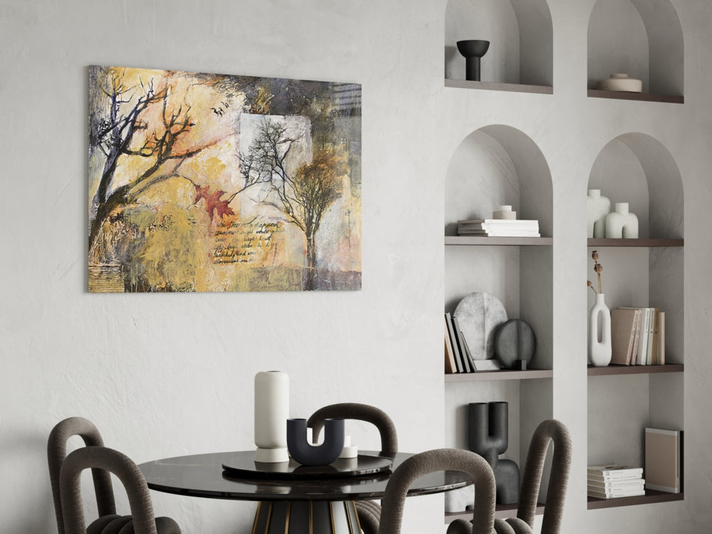 Autumn Manuscript glass print enhancing a dining room with cinematic drama