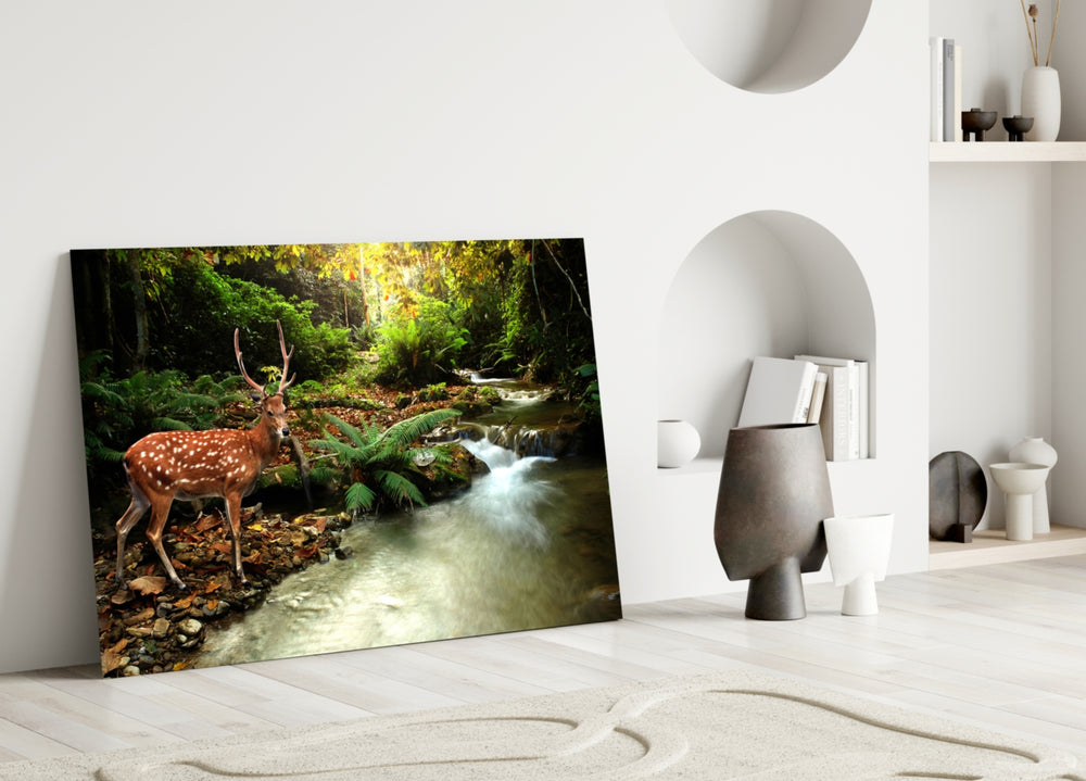 Forest Deer glass wall art styled above a console in a master bedroom