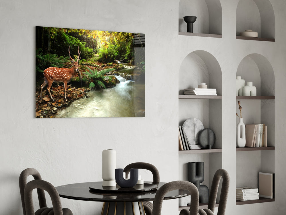 Forest Deer glass print enhancing a living room with cinematic drama