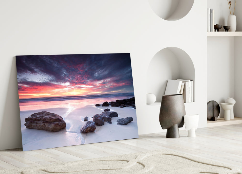 Beach Sunset glass wall art styled above a sofa in a living room
