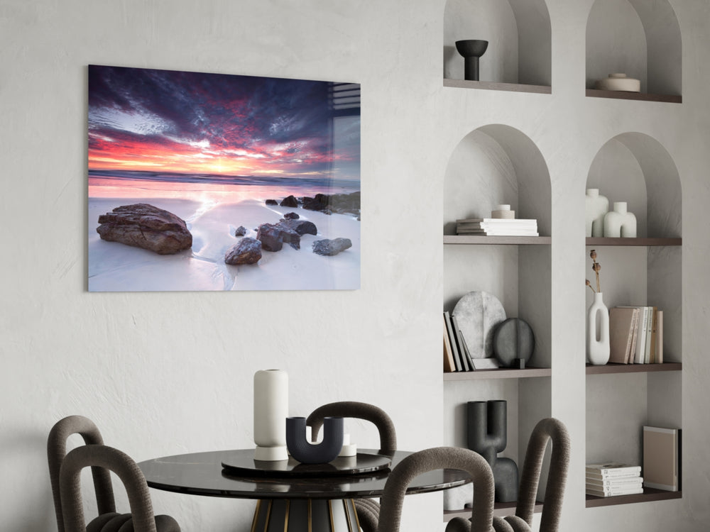 Beach Sunset glass print enhancing a bathroom with editorial drama
