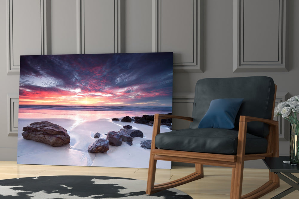 Beach Sunset artwork anchoring a wall with coastal serene palette