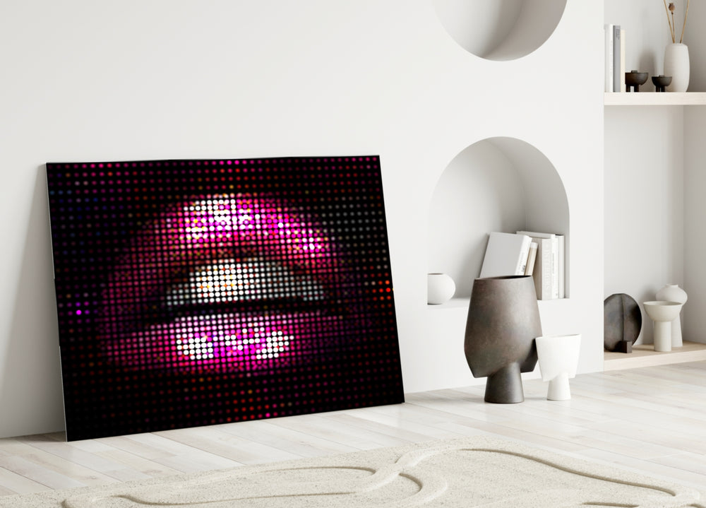 Pixel Lips glass wall art styled above a console in a bar