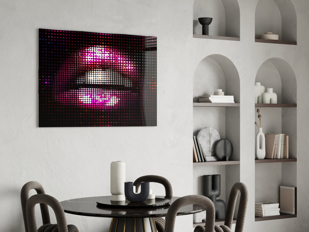 Pixel Lips glass print enhancing a gaming room with cinematic drama