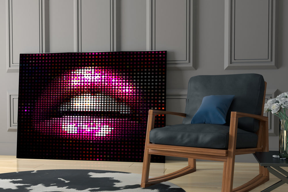 Pixel Lips artwork anchoring a wall with bold pop palette